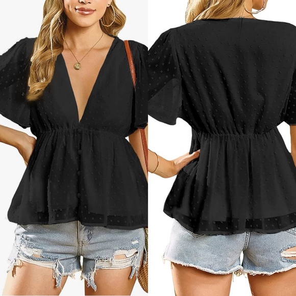 LAYNER Deep V Neck Ruffle Polka Dot Top Pom Pom Peplum Shirt Blouse size large - Picture 1 of 9